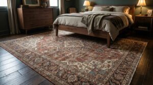 Vintage rug in dark mid century bedroom