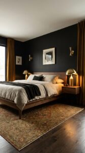 Black walls bedroom mid century