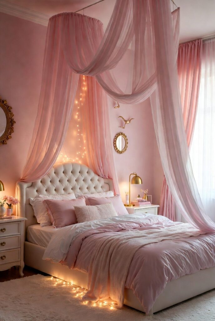 Blush pink kids bedroom with tufted headboard, canopy drapes, pastel bedding, and fairy lights.