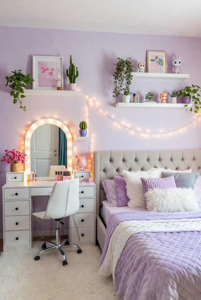 Cozy lavender teen bedroom with LED vanity mirror, plush rug, and soft lighting.
