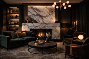 Dark floor to ceiling curtains in moody marble living room