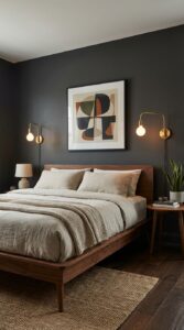 Charcoal gray mid century dark bedroom