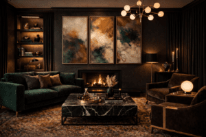 Large moody artwork on dark wall in marble living room