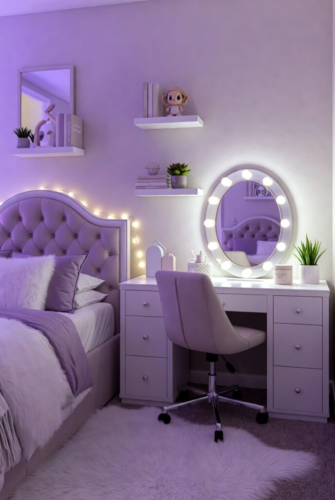 Lavender teen bedroom with soft textures, floating shelves, and cozy fairy lights.