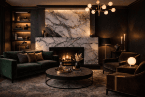 Layered warm lighting in moody marble living room