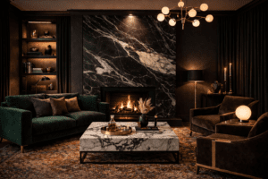 Marble coffee table moody living room luxury styling
