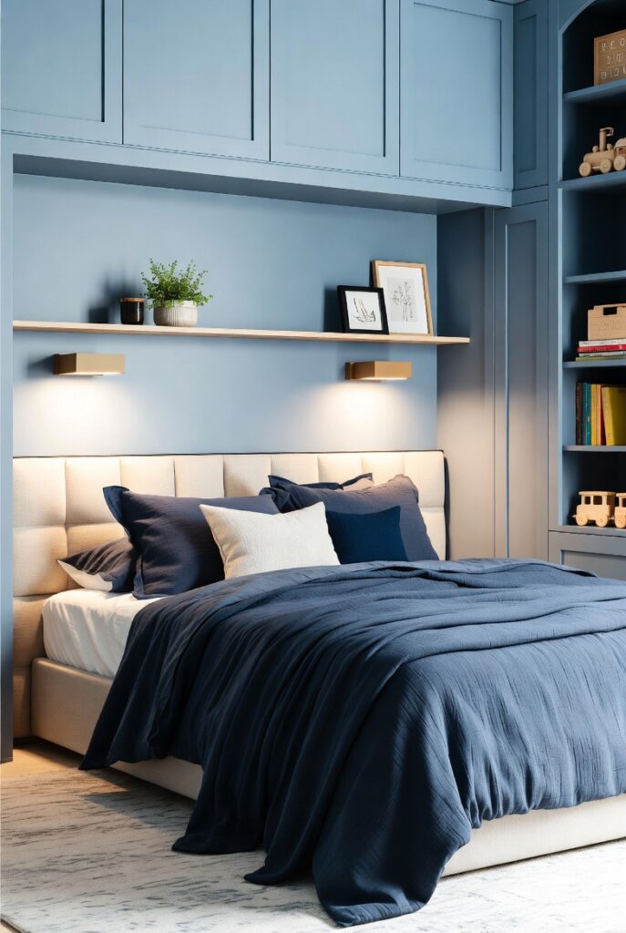 Minimal modern boys bedroom in navy and sky blue with sleek furniture and warm lighting.