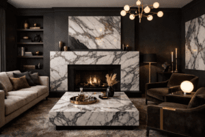 Moody marble living room with dark charcoal walls and marble accents