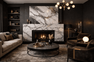Moody marble living room with marble fireplace as the focal point