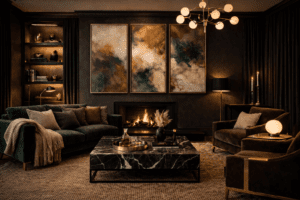 Natural texture linen velvet wool in moody marble living room