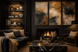 Open shelves with marble accents styled in moody living room