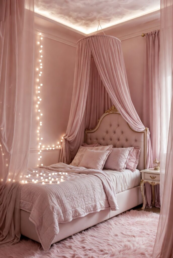Pink canopy kids bedroom with fairy lights, pastel bedding, and gold decorative accents.