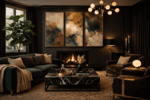 Plants and greenery in moody marble living room dark interior