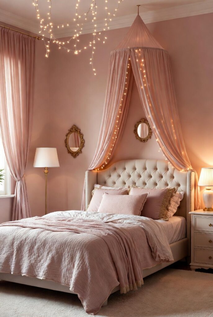 Soft pastel pink kids bedroom with canopy drapes, fairy lights, and warm glowing ambiance.