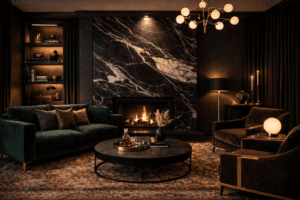 Statement rug grounding moody marble living room dark interior
