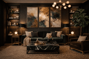 Symmetrical layout in moody marble living room luxury feel