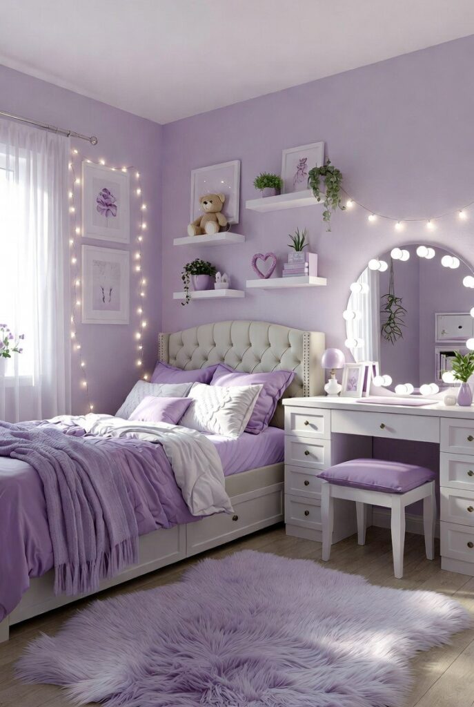 Trendy lavender teen bedroom with tufted headboard, layered bedding, and floating shelves.