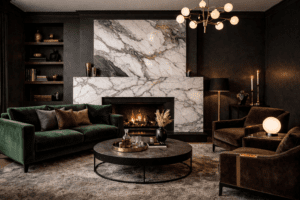 Velvet sofa in moody marble living room dark interior