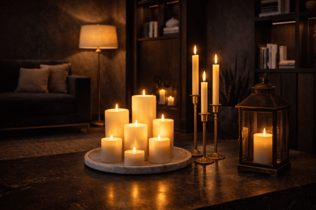 A curated cluster of pillar candles on a marble tray — one of the most timeless warm glow lighting ideas.