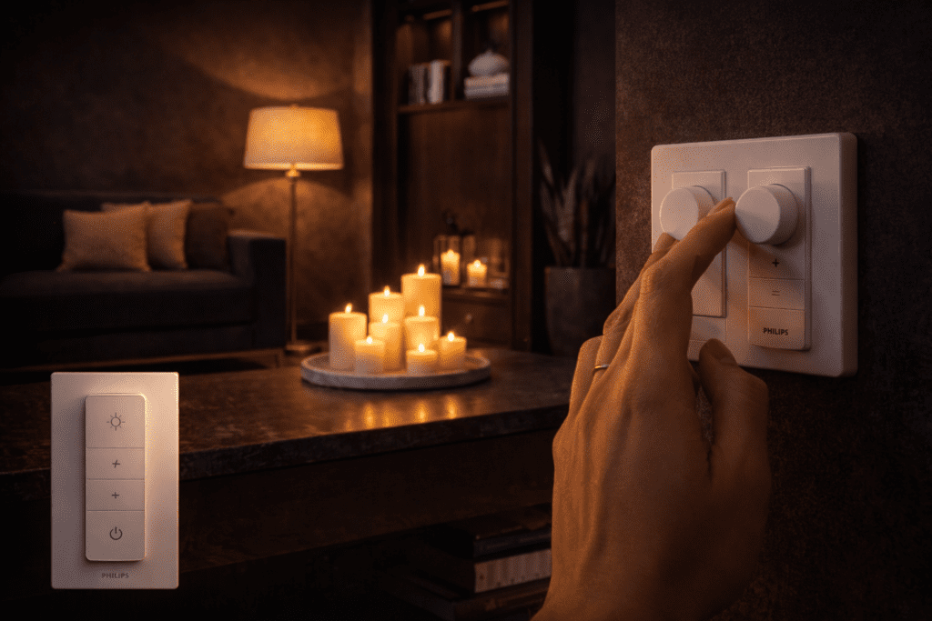 A dimmer switch — the cheapest warm glow lighting upgrade that permanently transforms how a room feels after 5pm.