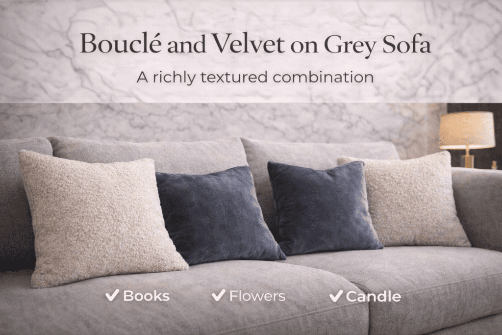 Boucle and velvet texture combination on grey sofa with marble background