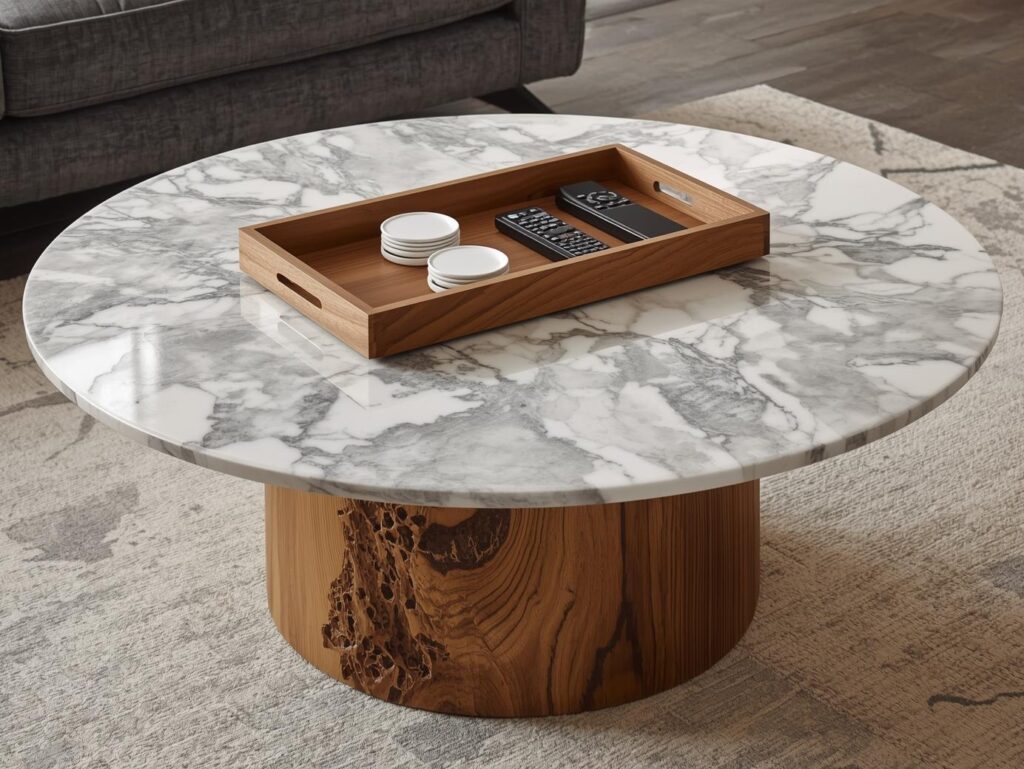 Coffee table marble and wood styling in a living room