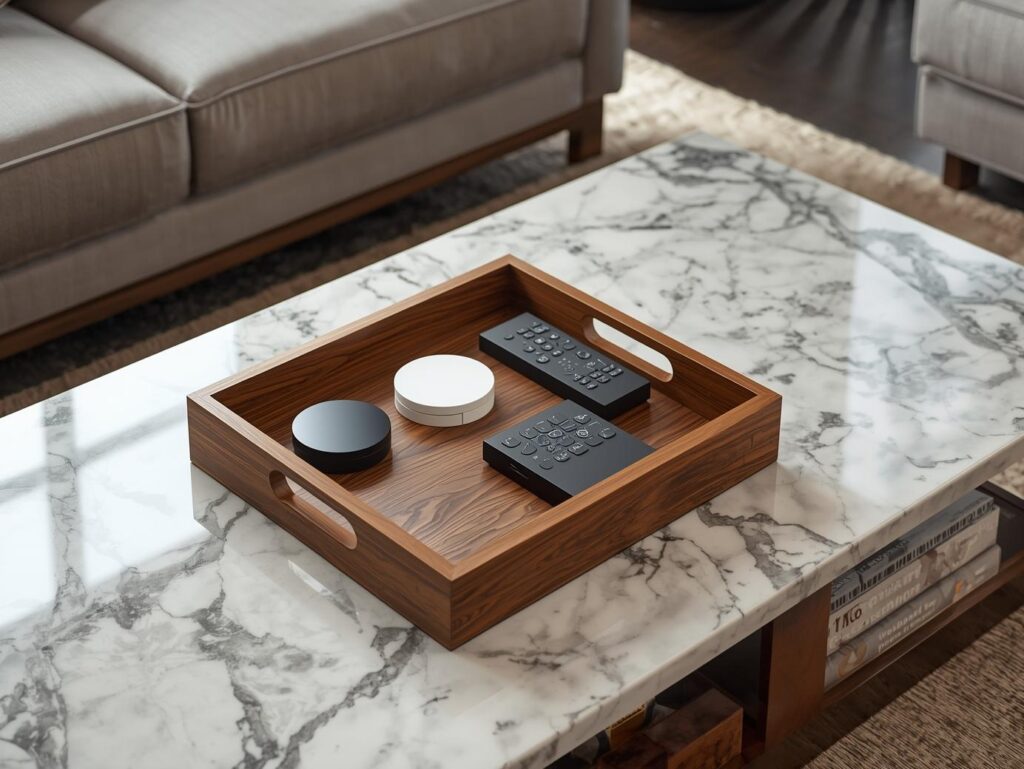 Coffee table marble and wood styling in a living