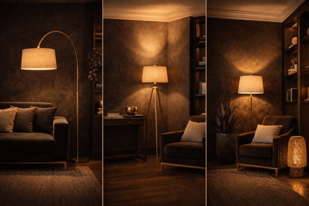 Slim arc floor lamp casting warm light into a dark living room corner beside a linen armchair.