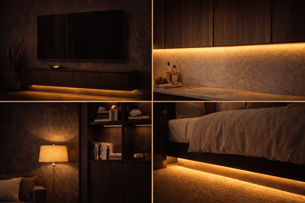 Hidden warm LED strips beneath a floating TV unit creating a luxurious hovering glow effect.