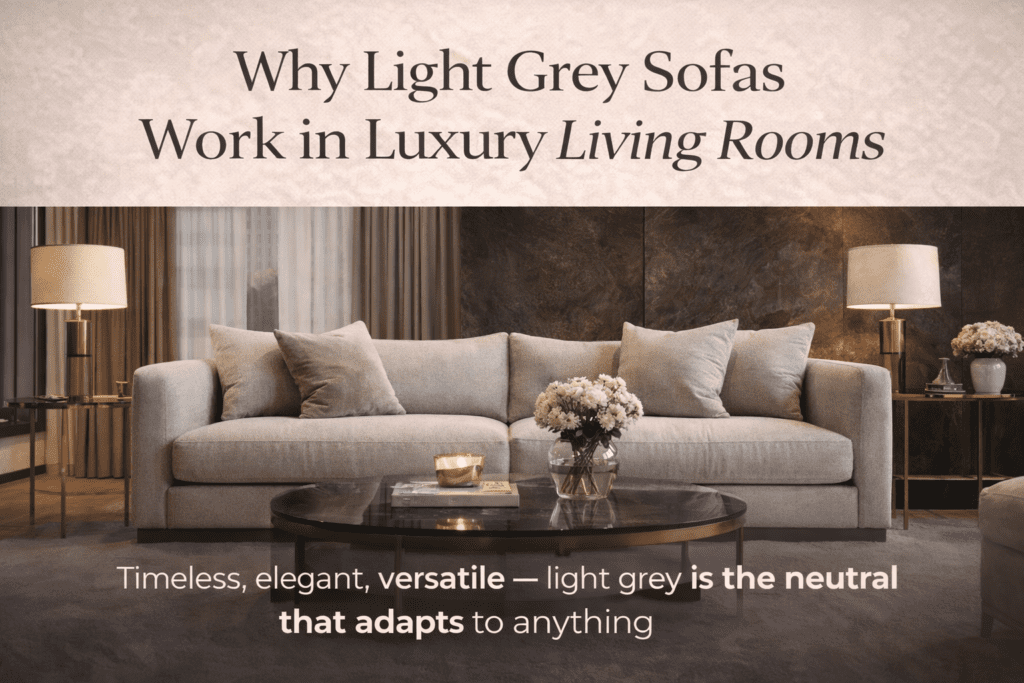 Luxury living room ideas with a light grey sofa — elegant neutral interior with marble and gold accents