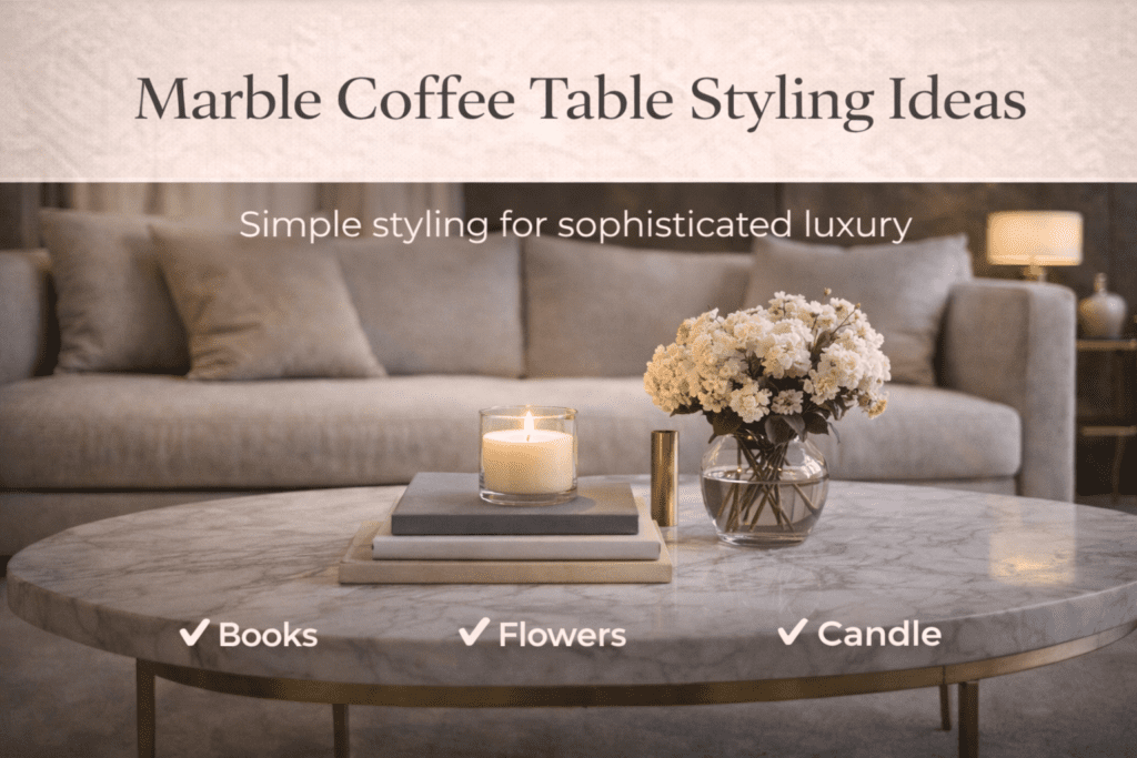 The 3-5-7 rule in decorating applied to a marble coffee table and grey sofa