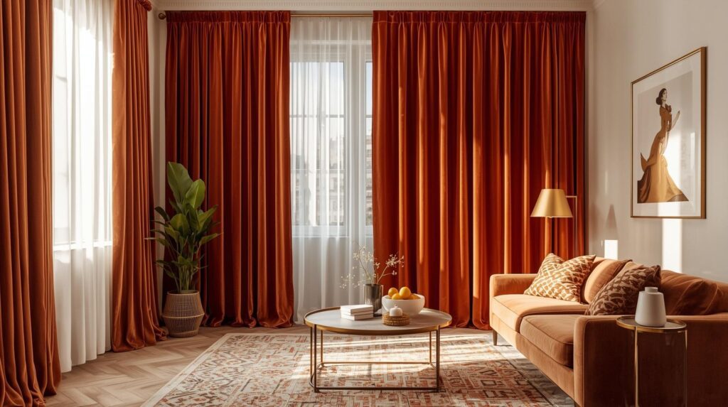 Small apartment living room with floor to ceiling curtain 