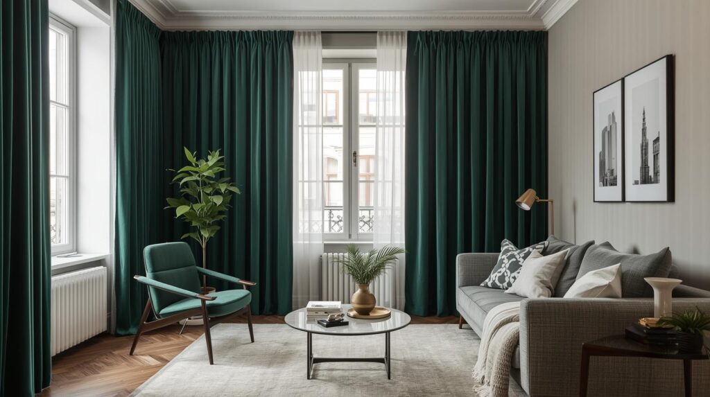 Small apartment living room with floor to ceiling curtains that look expensive