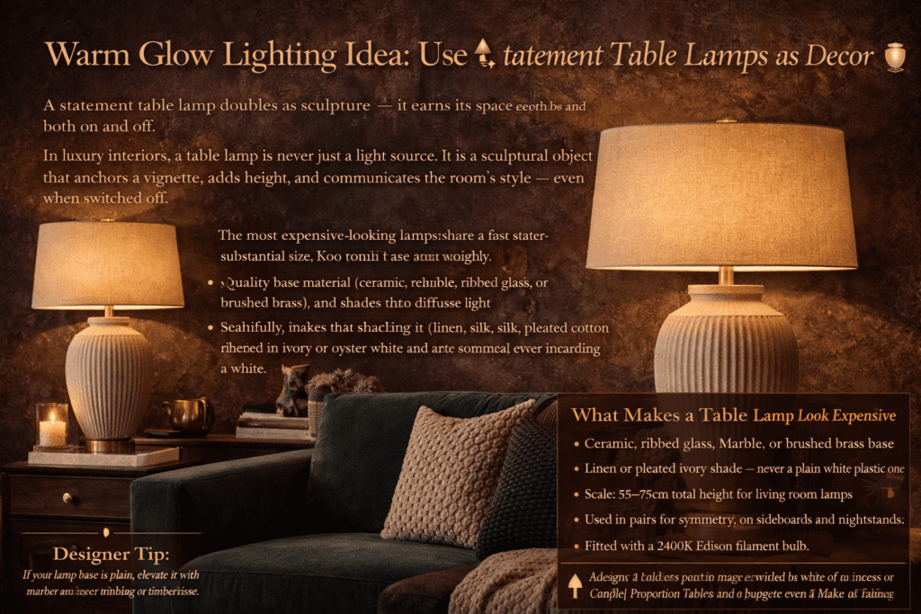 Warm Glow Lighting Idea — large ceramic table lamp with linen shade casting warm amber light.