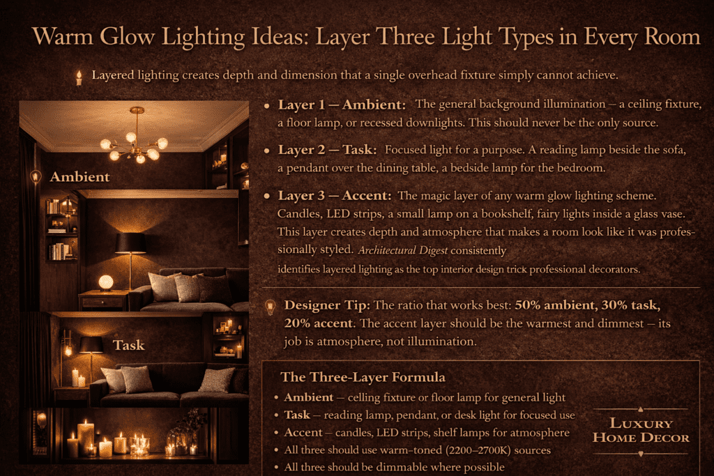 Warm Glow Lighting Ideas — layer three light types: floor lamp, table lamp, and candles creating warm depth.
