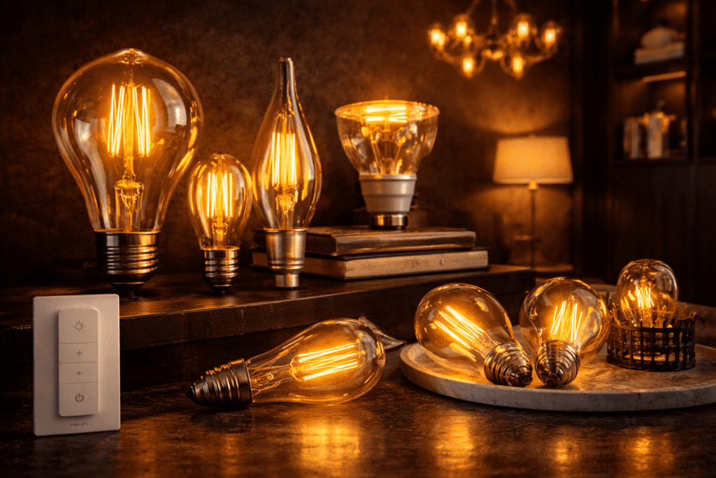 Warm glow lighting ideas begin here — Edison filament bulbs at 2200K, the single fastest upgrade for an expensive-feeling home.