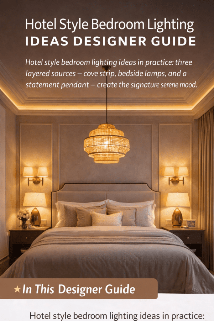 hotel style bedroom lighting ideas designer guide — layered warm lamps, cove LED strips and bedside sconces in a luxury bedroom